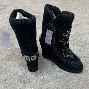 Mou brand- Black Suede Women's Boots with Rhinestone Detail - wedge heel inside